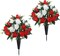 Artificial Cemetery & Memorial Flowers with Vase – Red & White Silk Rose Gravesite Bouquet, Outdoor Headstone Decoration, Long-Lasting Memorial Arrangement (2 Sets)